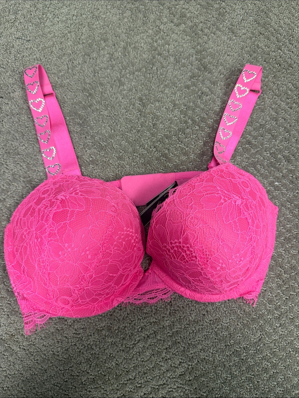 Victorias Secret 34D Fuchsia Lace Push-Up Bra with Heart-Accent Straps